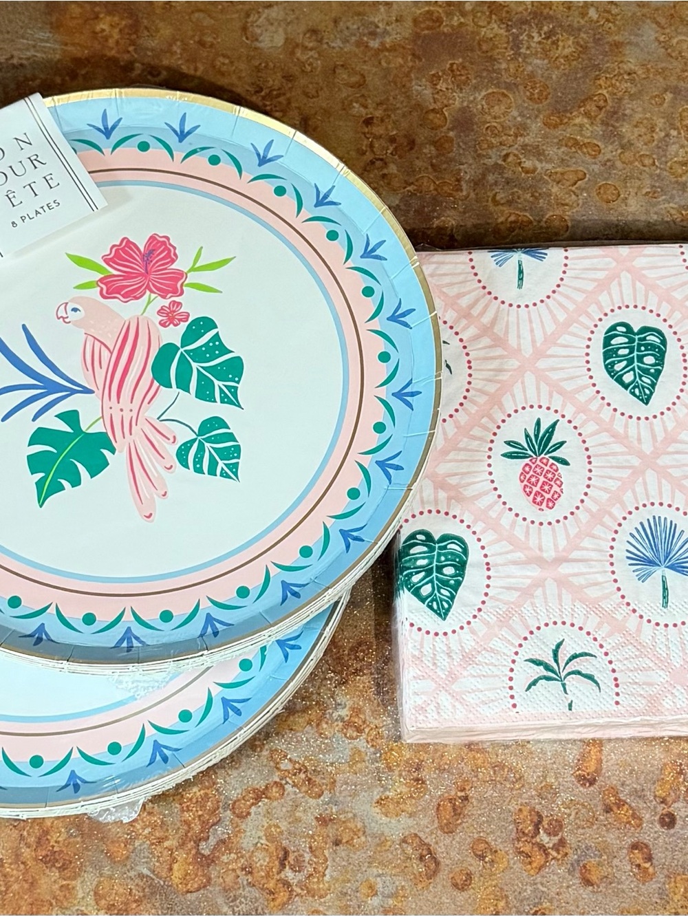 Bonjour Fete Luau Tropical Bird Party Plates & Napkins blue pink tropical theme
